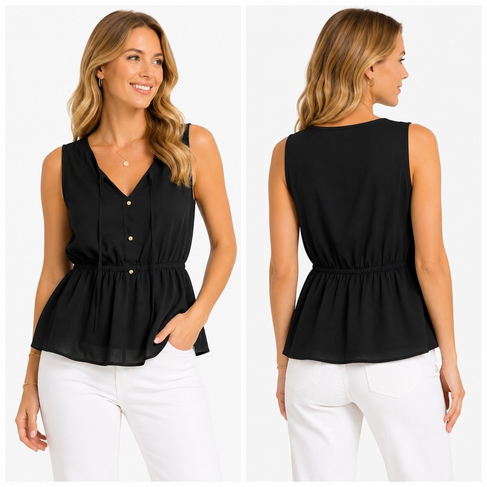 Blooming Jelly Blouse Womens‎ S Black V-Neck Peplum Sleeveless Tie Neck Top